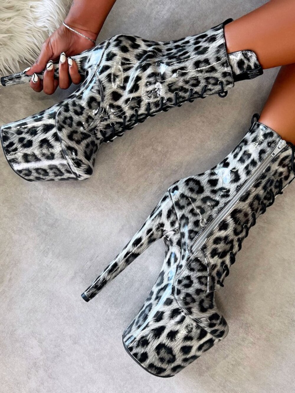 Hella Heels Snow Leopard Ankle Boot, 8 inches, size 7